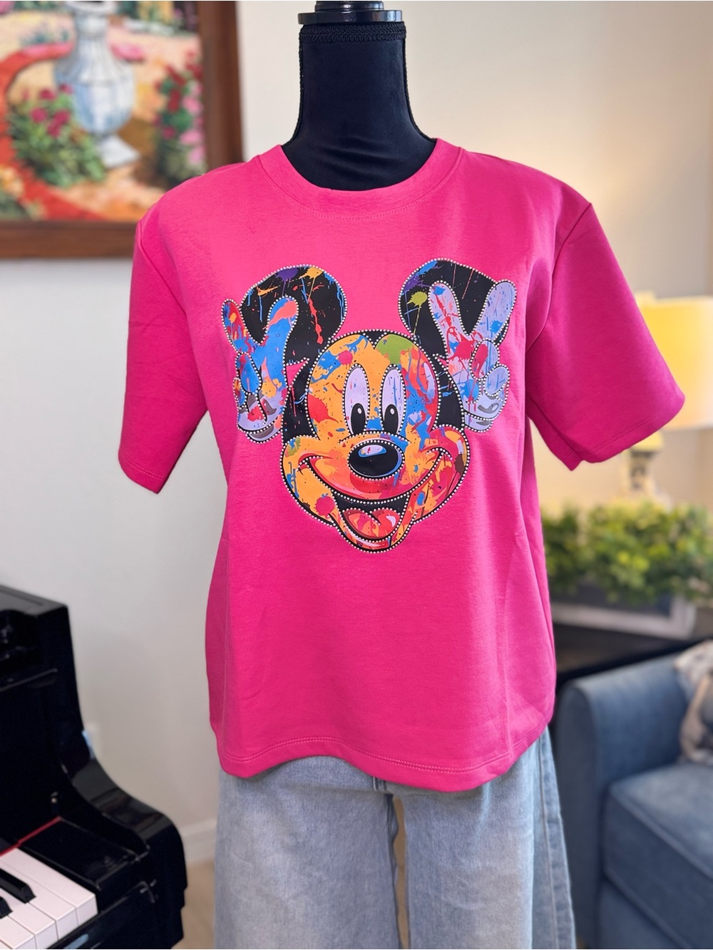 Bright Pink Graphic Mickey Tee - Fun Cartoon Print